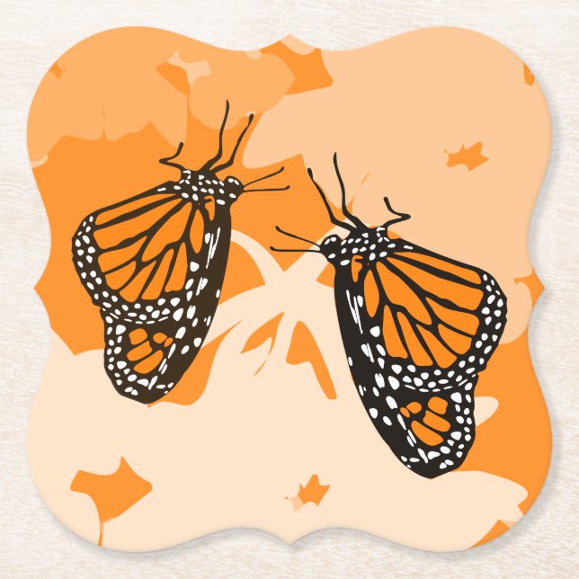 Cute Playful Orange Monarch Butterflies Paper Coaster (Front)