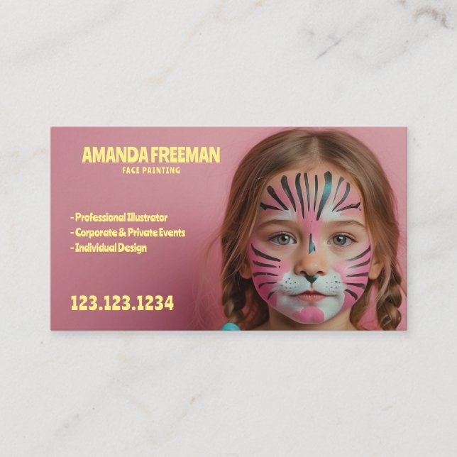 Cute Playful Pink and Yellow Girly Face Painter Business Card (Front)