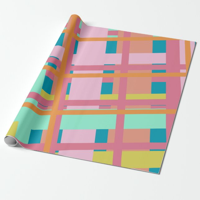 Cute Playful Plaid Geometric Lines in Blue Wrapping Paper (Unrolled)