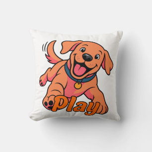 Cute Playful Puppy Cartoon Art with Play Typograph Cushion