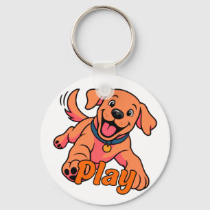 Cute Playful Puppy Cartoon Art with Play Typograph Key Ring