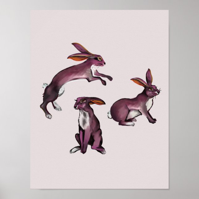 Cute & Playful Purple Bunny Rabbits Art For Kids Poster (Front)