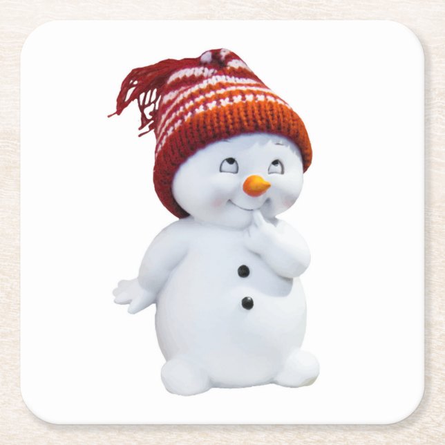 CUTE PLAYFUL SNOWMAN SQUARE PAPER COASTER (Front)