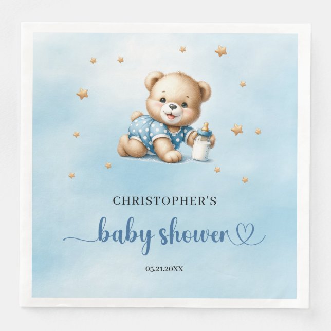 Cute playful teddy bear brown blue boy baby shower napkin (Front)