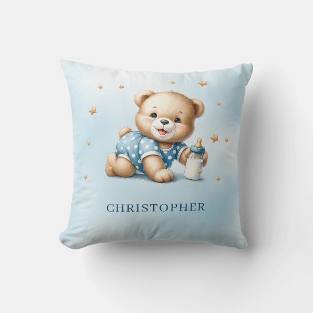 Cute playful teddy bear with baby bottle cushion (Front)