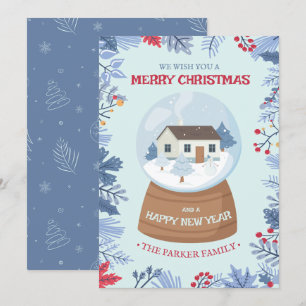 Cute Playful Winter Foliage Crystal Ball Christmas Holiday Card