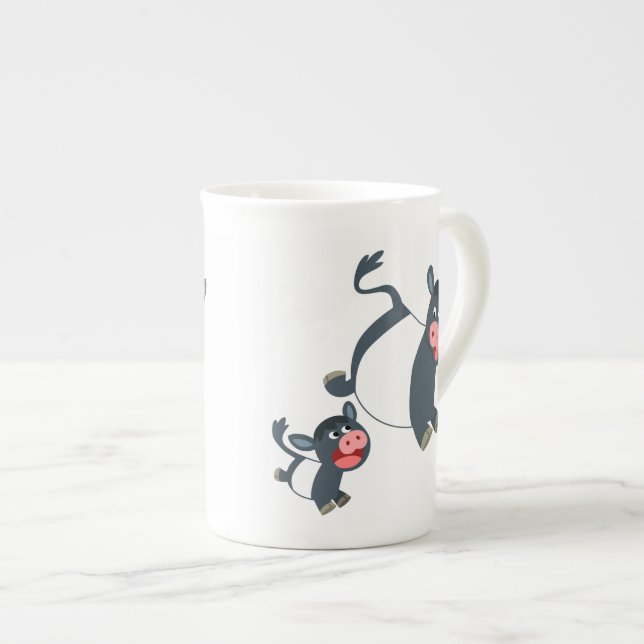 Cute Playing Cartoon Belted Galloway Cow and Calf Bone China Mug (Front Right)