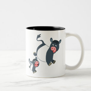 Cute Playing Cartoon Belted Galloway Cow and Calf Two-Tone Coffee Mug