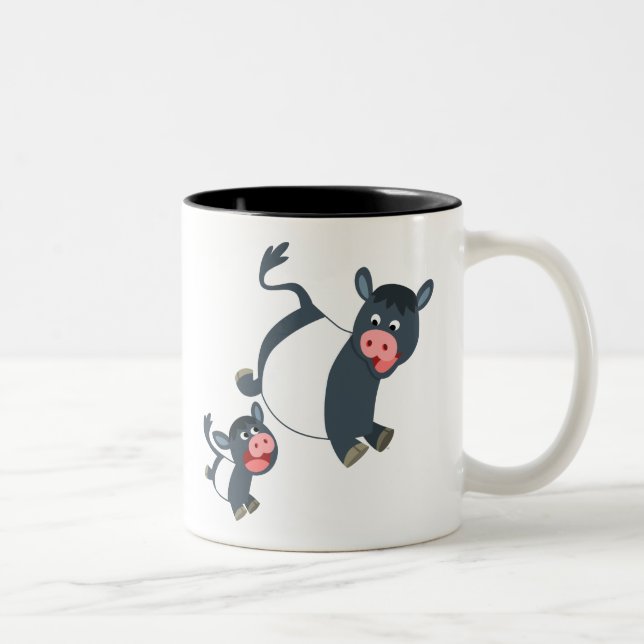 Cute Playing Cartoon Belted Galloway Cow and Calf Two-Tone Coffee Mug (Right)