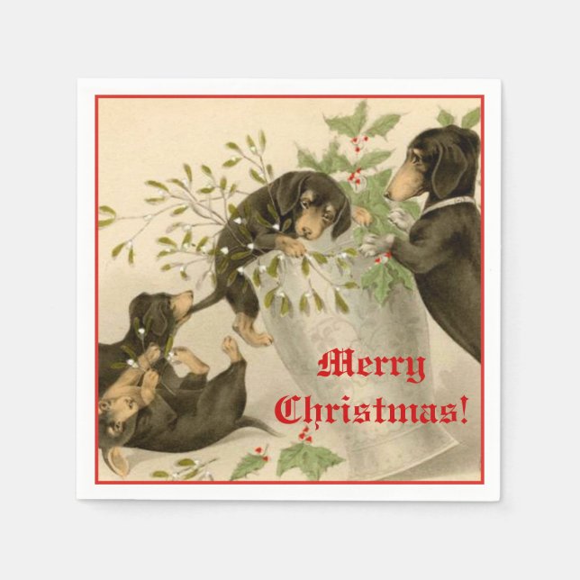 Cute playing dachshund dogs and mistletoe vintage napkin (Front)