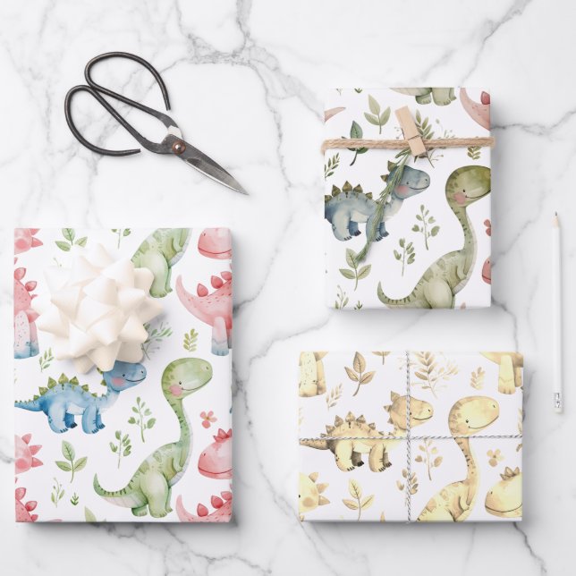 Cute playing dinosaurs kids  birthday wrapping paper sheet (Front)