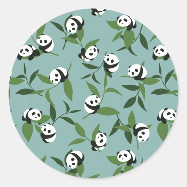 Cute Playing Panda in Green Garden Pattern Classic Round Sticker (Front)