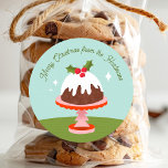 Cute Plum Pudding Retro Christmas Cake Name Classic Round Sticker<br><div class="desc">These cute, colourful Christmas sticker labels feature a hand drawn plum pudding illustration on a Christmas tree cake stand and textured tablecloth. A text template is included for simple personalisation. Great for adding labels to Christmas gifts for neighbours, friends, or family! Please note that if you choose the 1.5 inch...</div>