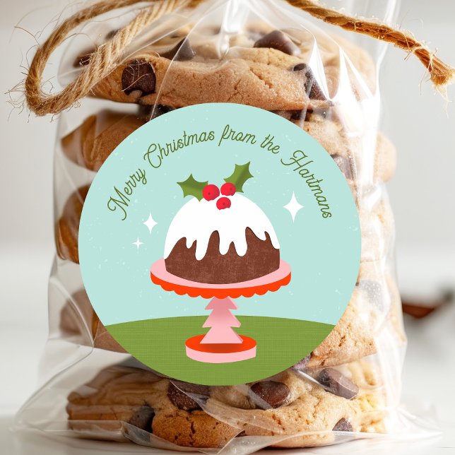 Cute Plum Pudding Retro Christmas Cake Name Classic Round Sticker (Creator Uploaded)