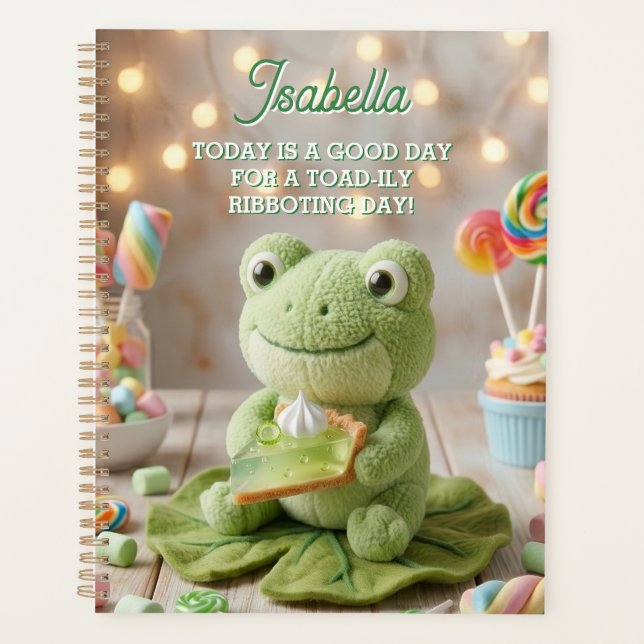 Cute Plush Frog holding Key Lime Pie Personalised Planner (Front)