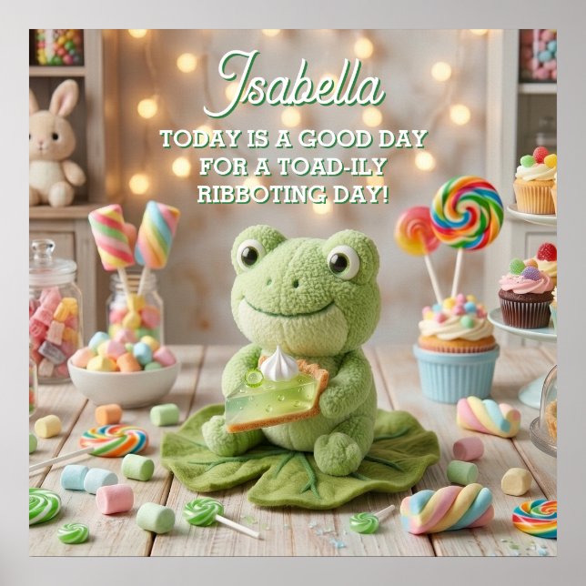 Cute Plush Frog holding Key Lime Pie Personalised  Poster (Front)