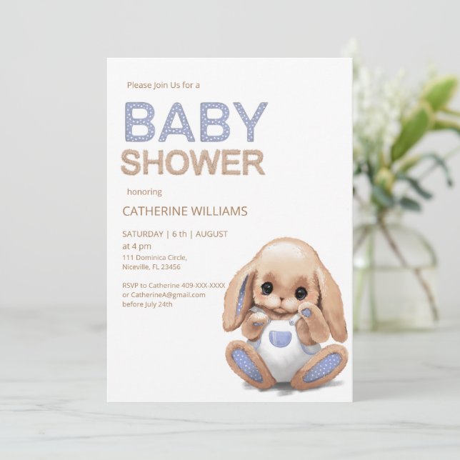 Cute plush rabbit, baby shower invitation (Standing Front)