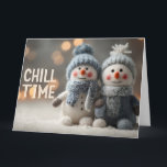 Cute Plush Snowman Dolls with Knit Hats Card<br><div class="desc">This charming and cozy winter scene features two adorable plush snowman dolls sitting on snow. They are wearing blue and gray knit hats and scarves,  and the image is overlaid with the text "CHILL TIME." The soft focus background of warm bokeh lights creates a perfect atmosphere.</div>