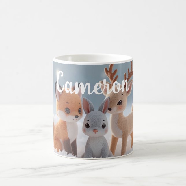 Cute Plush Winter Woodland Animals Custom Name Coffee Mug (Center)
