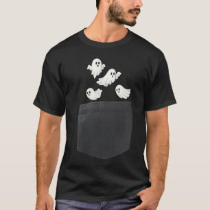 Cute Pocket Ghosts with Flying Bats Halloween T-Shirt
