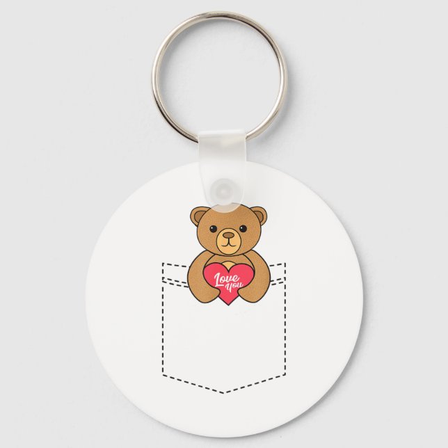 Cute Pocket Teddy Bear Hugging Heart - 2020 Valent Key Ring (Front)