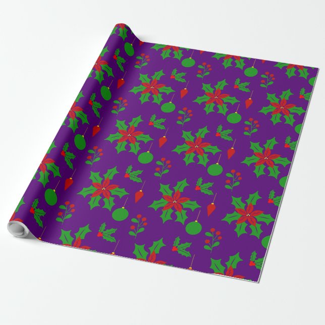 Cute Poinsettias, Hollies and Mistletoes in Purple Wrapping Paper (Unrolled)
