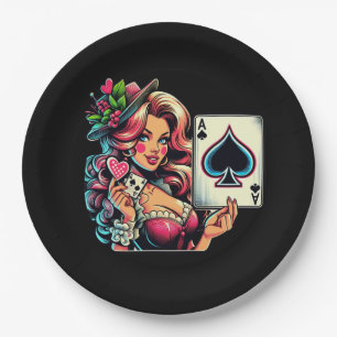 Cute poker party vintage lady paper plate