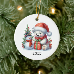 Cute polar bear add date and message Christmas  Ceramic Tree Decoration