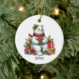 Cute polar bear add date and message Christmas Ceramic Tree Decoration