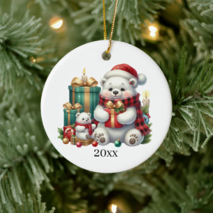 Cute polar bear add date and message Christmas Ceramic Tree Decoration