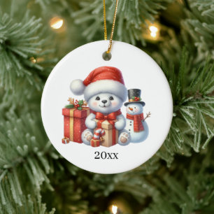 Cute polar bear add date and message Christmas Ceramic Tree Decoration