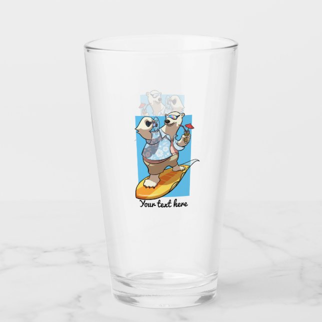 Cute Polar Bear Add Your Text Surfing Cartoon Glass (Front)