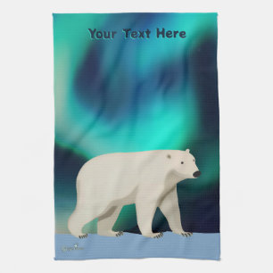 Cute Polar Bear and Northern Lights Tea Towel