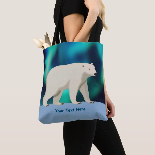 Cute Polar Bear and Northern Lights Tote Bag (Close Up)