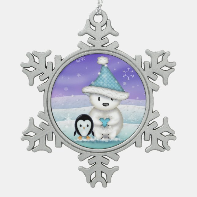 Cute Polar Bear and Penguin Snowflake Pewter Christmas Ornament (Front)