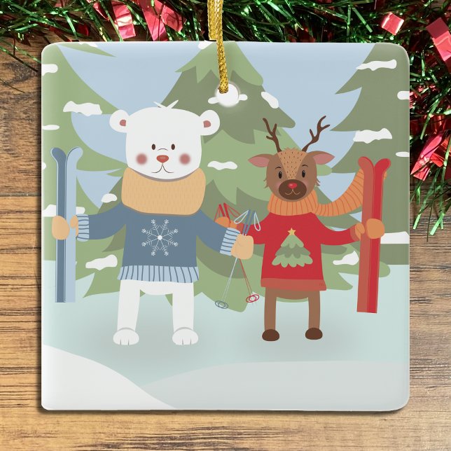 Cute Polar Bear and Reindeer with skis Ornament (Creator Uploaded)