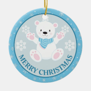 Cute Polar Bear and Snowflakes Blue Christmas Ceramic Tree Decoration
