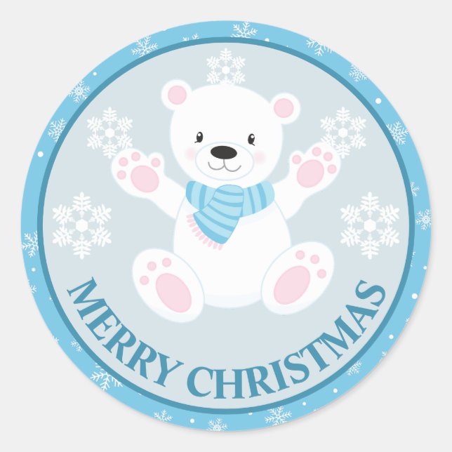 Cute Polar Bear and Snowflakes Blue Christmas Classic Round Sticker (Front)