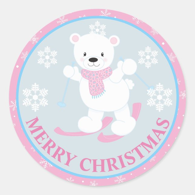 Cute Polar Bear and Snowflakes Pink Christmas Classic Round Sticker (Front)