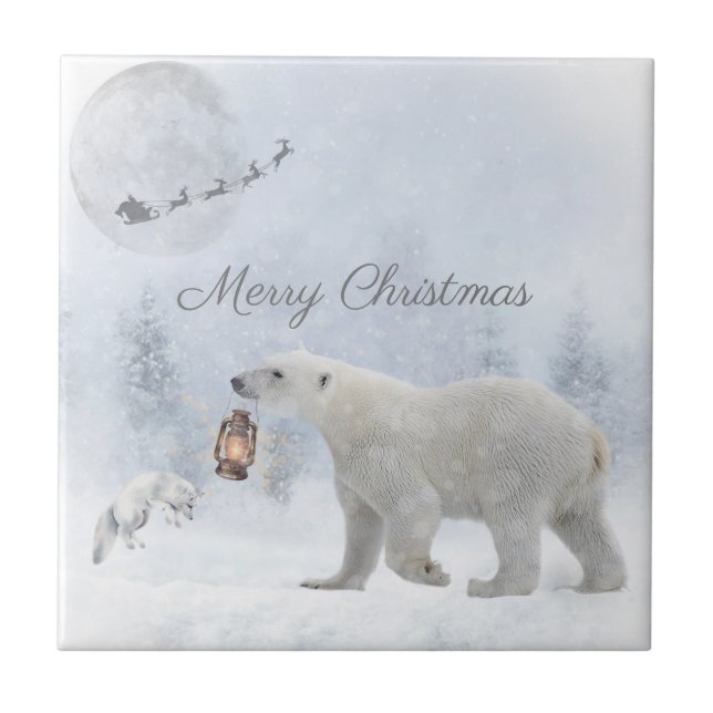 Cute Polar Bear Arctic Fox Santa Winter Christmas Tile (Front)