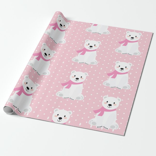 Cute Polar Bear Baby Girl Pink Wrapping Paper (Unrolled)