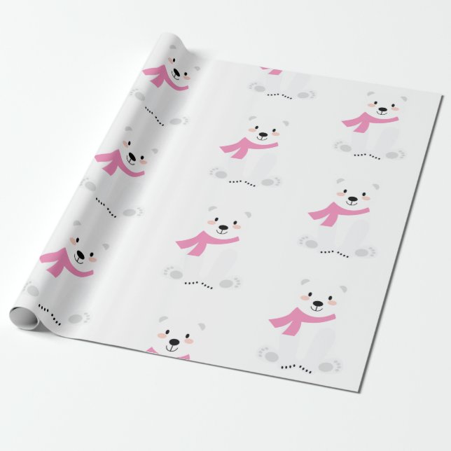 Cute Polar Bear Baby Girl Pink Wrapping Paper (Unrolled)