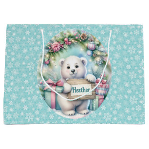 Cute Polar Bear Baby Girl's Personalise Name Large Gift Bag