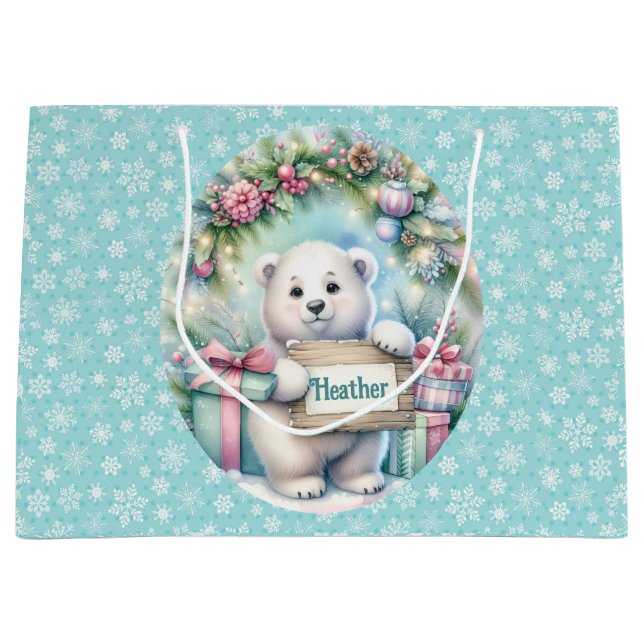Cute Polar Bear Baby Girl's Personalise Name Large Gift Bag (Front)