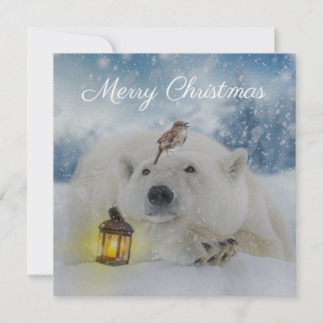 Cute Polar Bear Bird Winter Christmas Holiday Card (Front)
