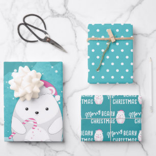 Cute Polar Bear Cartoon Beary Christmas Teal Blue Wrapping Paper Sheet