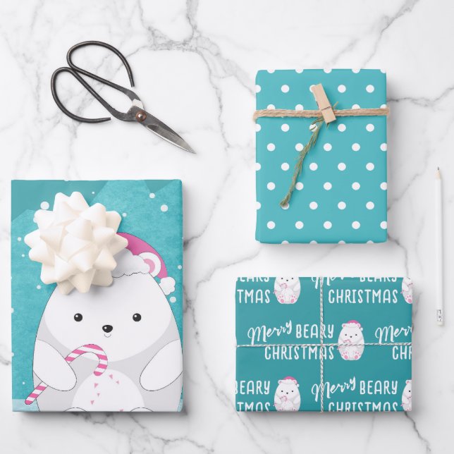 Cute Polar Bear Cartoon Beary Christmas Teal Blue Wrapping Paper Sheet (Front)