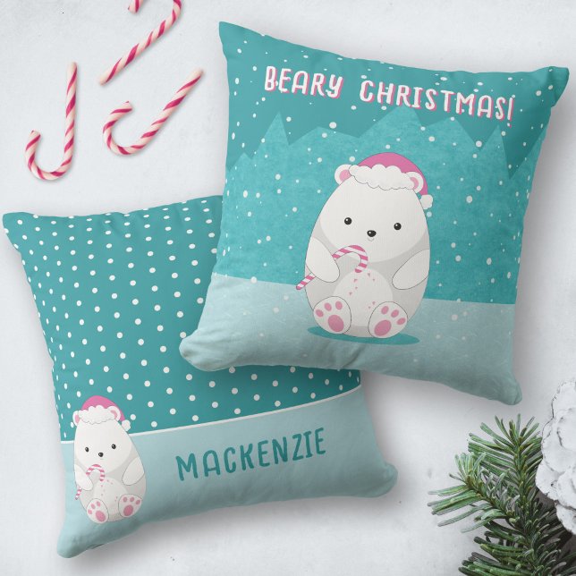Cute Polar Bear Christmas Cartoon Kids Name Blue Cushion (Creator Uploaded)