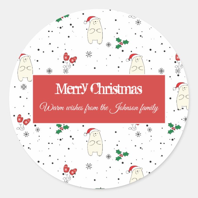 Cute polar bear  Christmas pattern on a white Classic Round Sticker (Front)