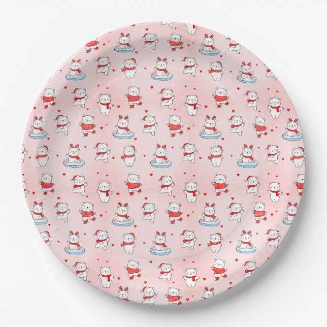 Cute Polar Bear Christmas Seamless Pattern Paper Plate (Front)